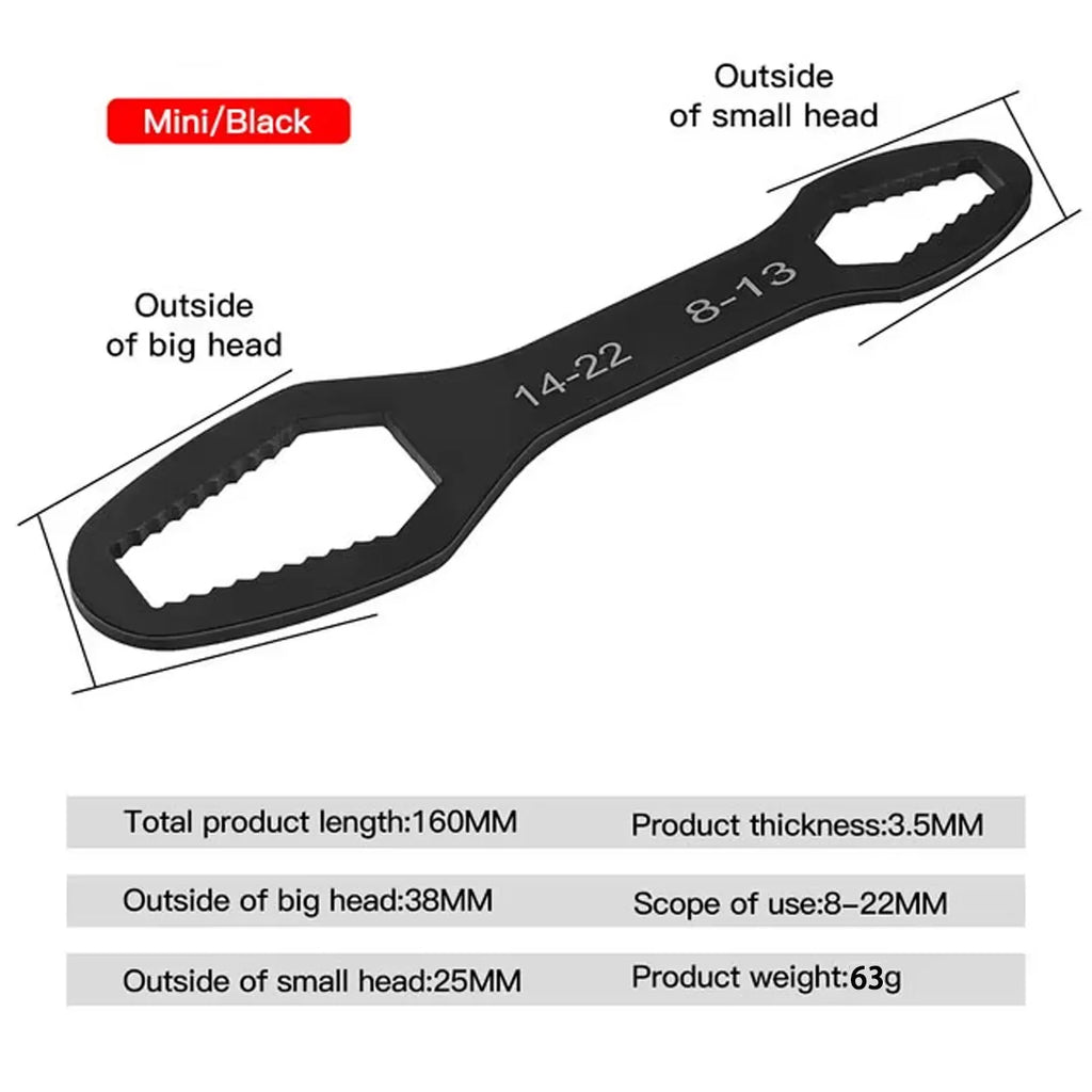 Adjustable Self-Tightening Double-Head Wrench Fits 3–17 mm & 8–22 mm (0.12–0.67 in & 0.31–0.87 in) for Cars, Bicycles and Home Repair