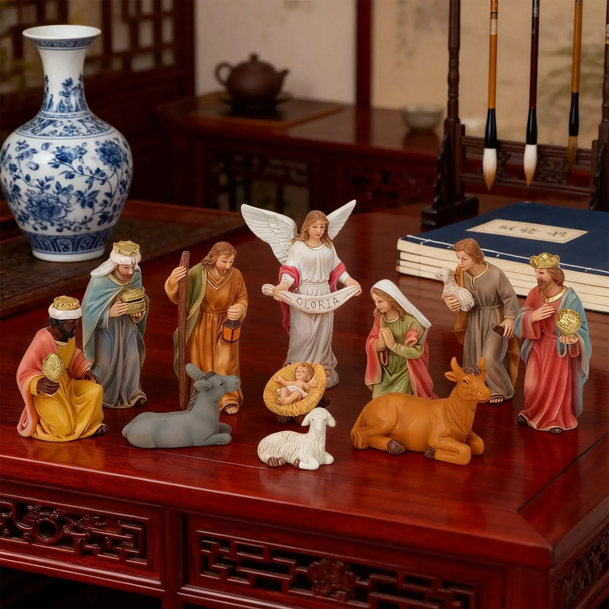 11-Piece Christmas Nativity Set - Resin Nativity Scene with Holy Family, Wise Men & Shepherds - Indoor Tabletop Manger Decoration