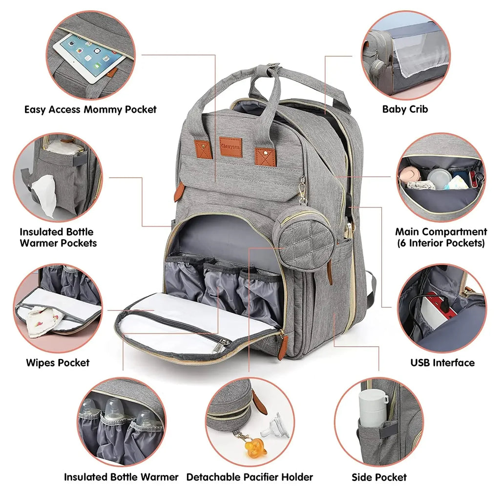 3-in-1 Diaper Bag Backpack with Foldable Changing Bed, Waterproof Travel Bag with USB Charging Port