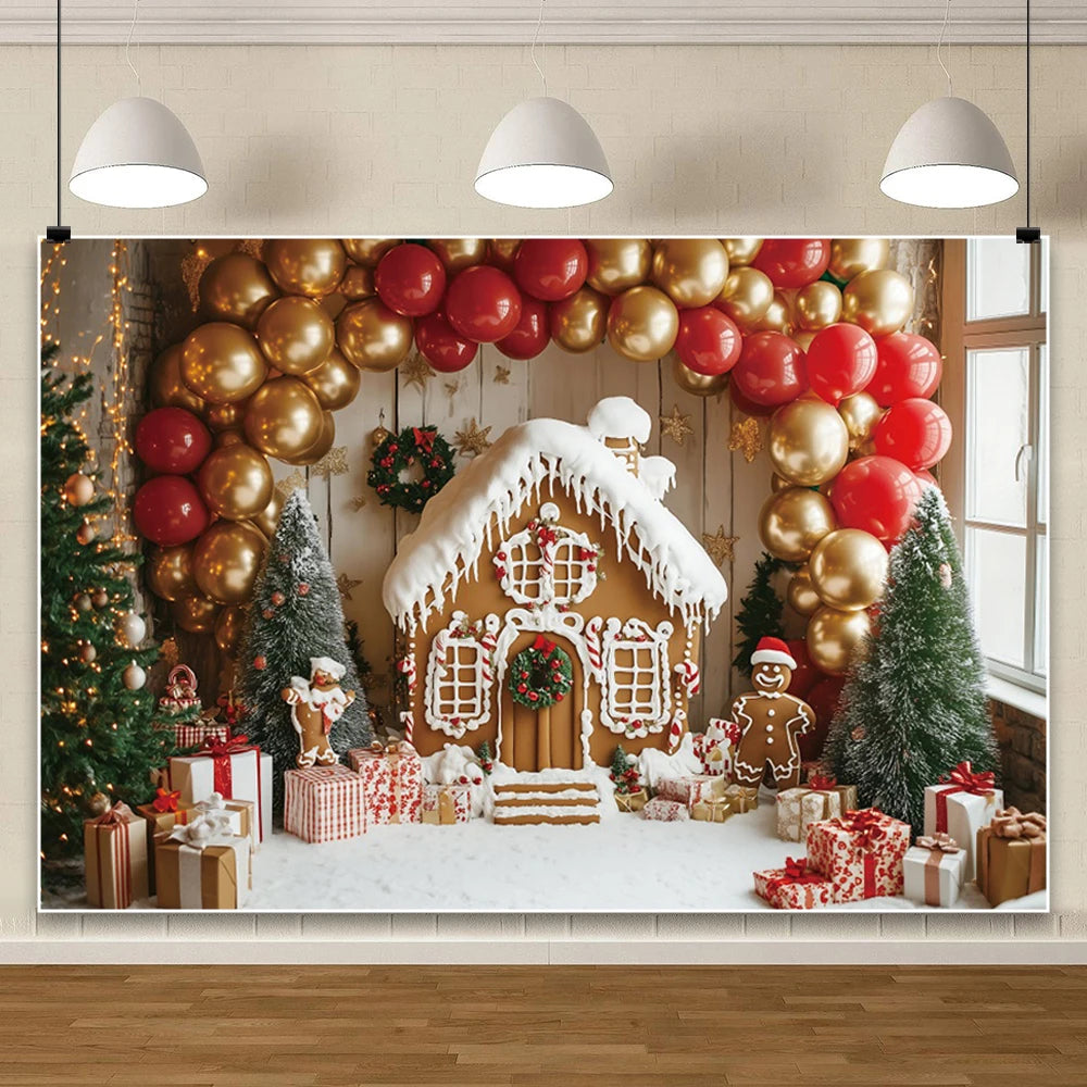 Christmas Fireplace Photography Backdrop — Gingerbread House & Wooden Window Holiday Photo Background for Kids & Family