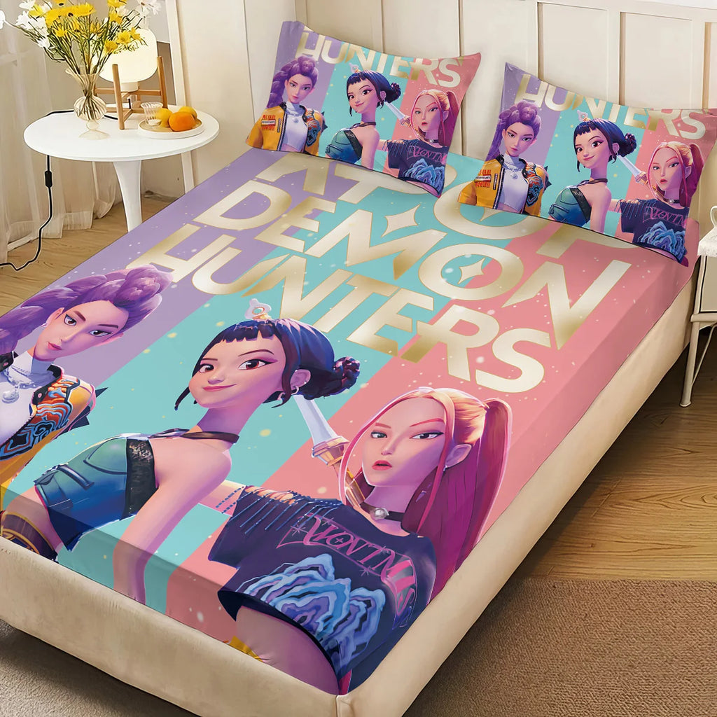 3-Piece K-Pop Demon Hunters Printed Bedding Set – Polyester Cotton, Machine Washable, Multi-Size