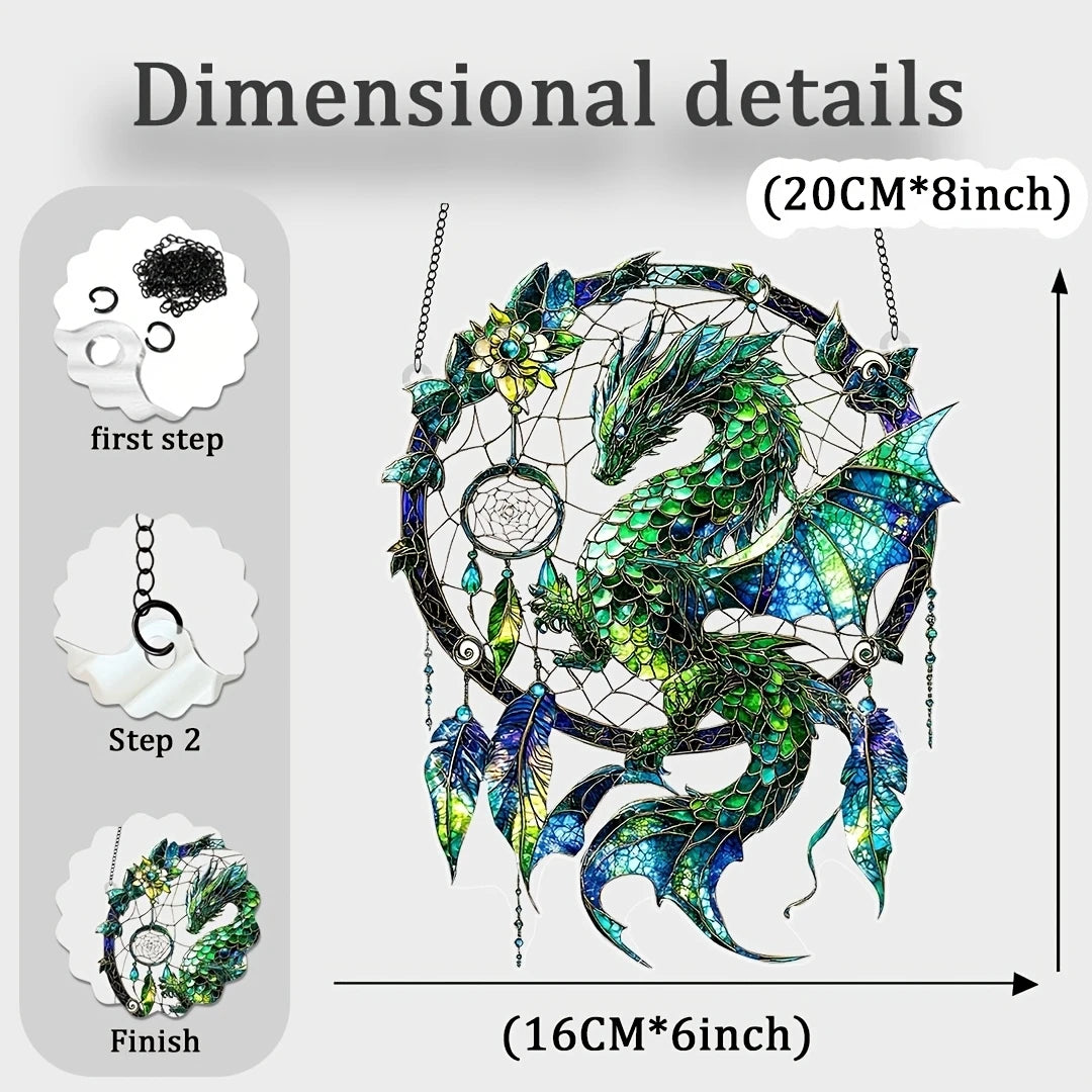 Fantasy Dragon Acrylic Sun Catcher – Green & Red 2D Hanging Window and Door Dreamcatcher Home Decor Gift
