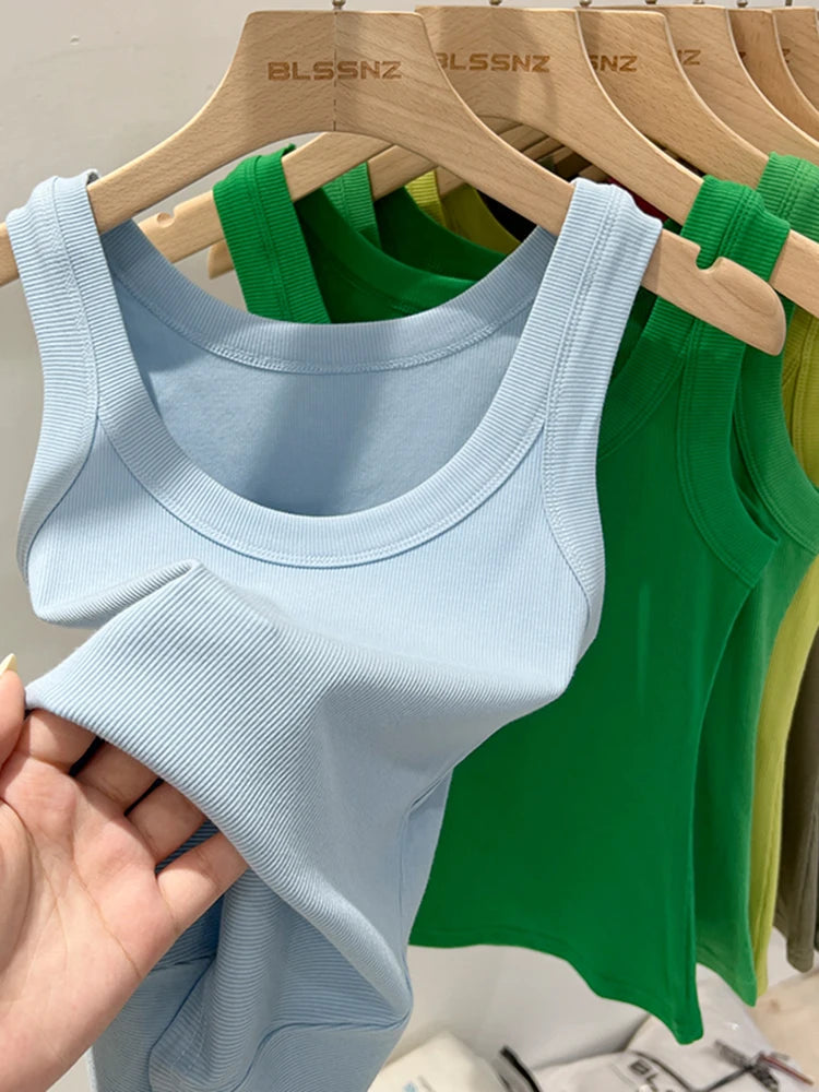Women's Ribbed Round Neck Tank Top O-Neck Camisole Elastic Summer Basic Solid Tank