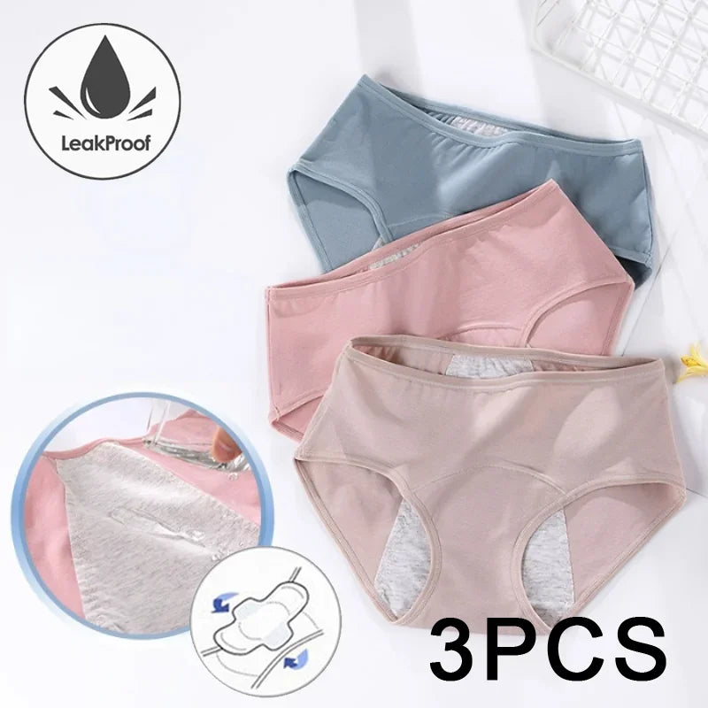 3-Pack Women's Menstrual & Postpartum Cotton Briefs – Leakproof, High Absorbency for Heavy Flow