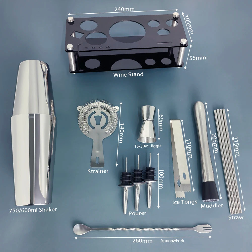 13-22 Piece Cocktail Shaker Bar Set – Stainless Steel Bartender Kit with 750ml/600ml Shaker, Jiggers, Strainer, Pourers & Acrylic Rack