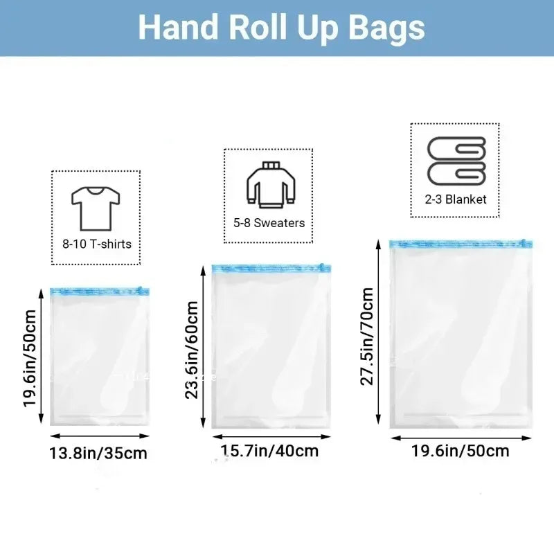 Travel Compression Vacuum Bags – Reusable Roll-Up Space Saver Bags for Luggage, Clothes & Bedding