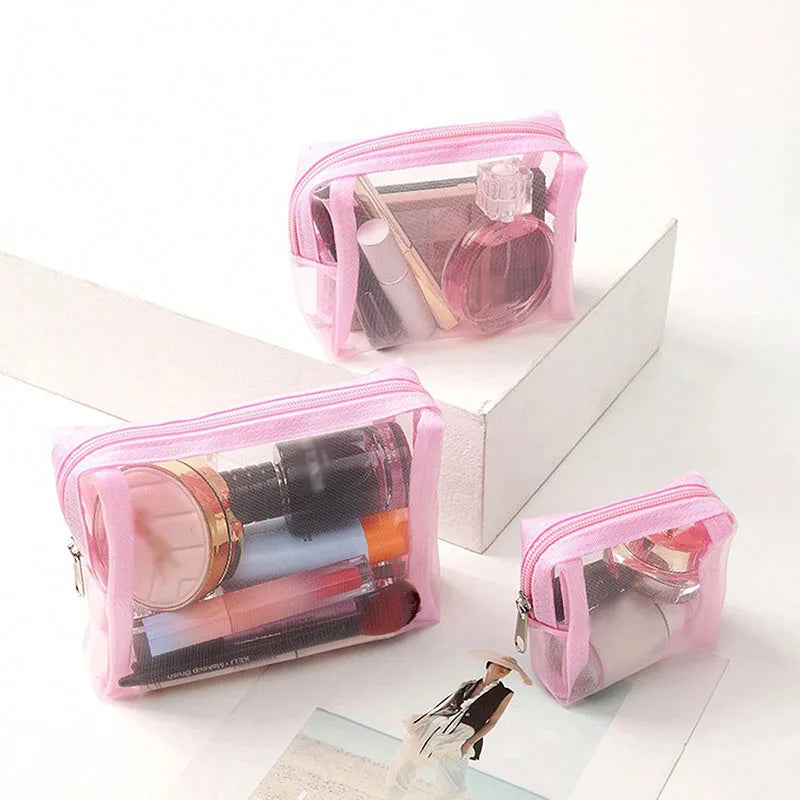 3-Pack Mesh Makeup Bags - Travel Cosmetic Organizer Set for Women, Portable Mini Toiletry Pouches for Lipstick & Cosmetics