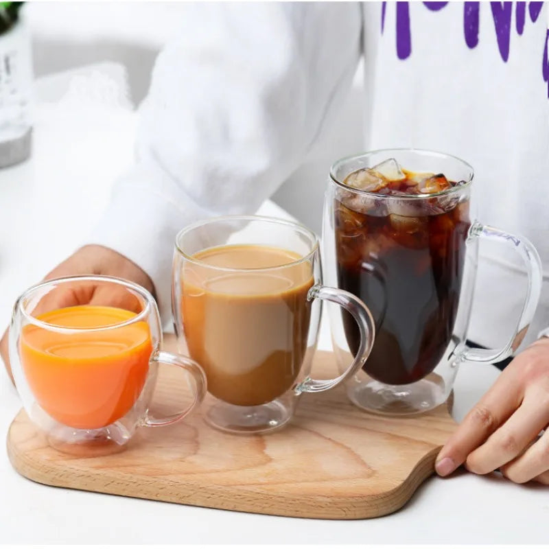 Clear Double Wall Insulated Glass Cups — 5 Sizes | Coffee, Espresso, Tea, Beer & Whiskey Mugs