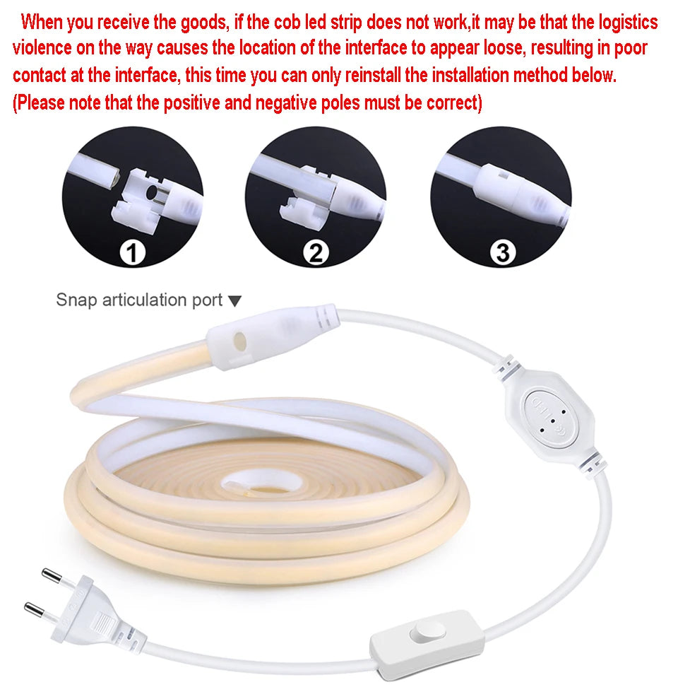 COB LED Strip Light 288 LEDs/m (≈88 LEDs/ft) IP67 Waterproof 110V/220V with EU & US Plug and Inline Switch - Warm/Neutral/Cool White