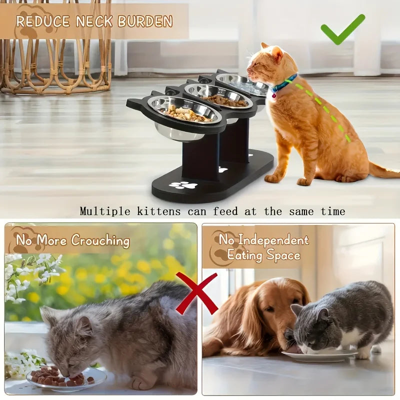 3-Tier Elevated Cat Feeder - Wood & Stainless Steel Adjustable 15-Degree Slanted Bowls, Removable Stands