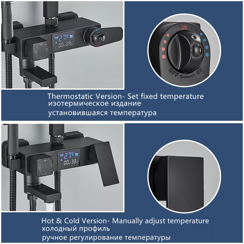 Black Thermostatic Shower Mixer with Digital Display, 4-Way Valve, 8-Inch (20 cm) Rainfall Head & Shelf