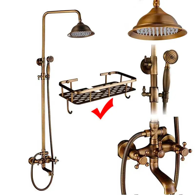 Antique Brass Wall-Mount Shower System with 8-inch (20 cm) Rainfall Head & Hand Shower, Adjustable 27.5–47.2 in (70–120 cm)