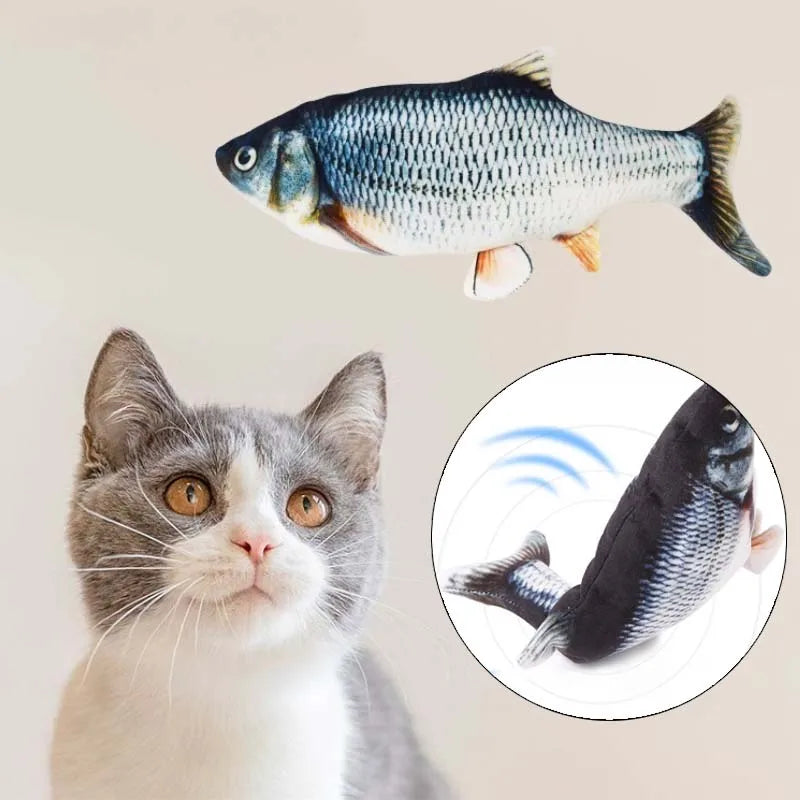 USB-Powered Interactive Cat Plush Toy Fish Grass Design — Bite-Resistant Kitten Chew Toy for Teeth Cleaning, 10.2 x 3.9 in (26 x 10 cm)