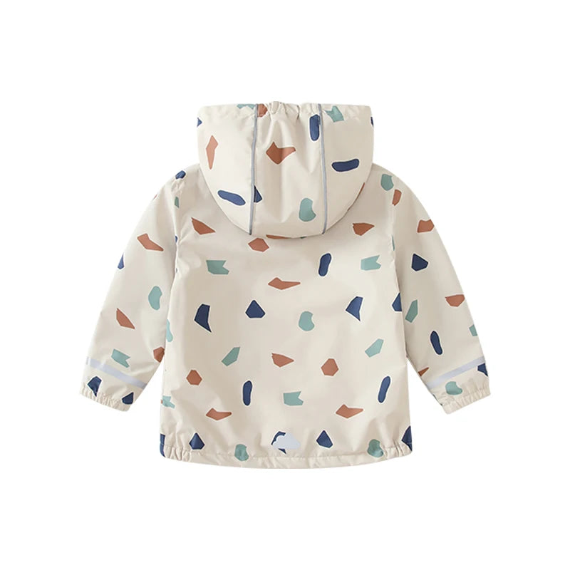 Waterproof Hooded Softshell Jacket for Kids – Fleece-Lined Unisex Rain Coat with Cartoon Print, Cotton-Polyester, Ages 7–12 Years