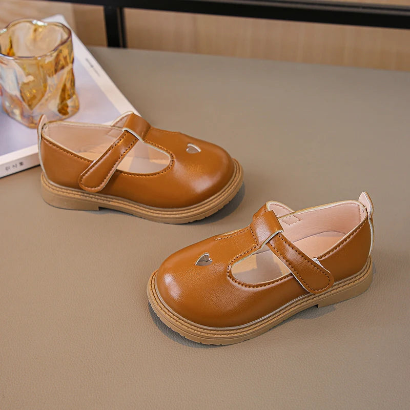 Girls Princess PU Leather T-Strap Flats with Heart Cut-Outs Cute Toddler & Kids Dress Shoes for Spring Autumn