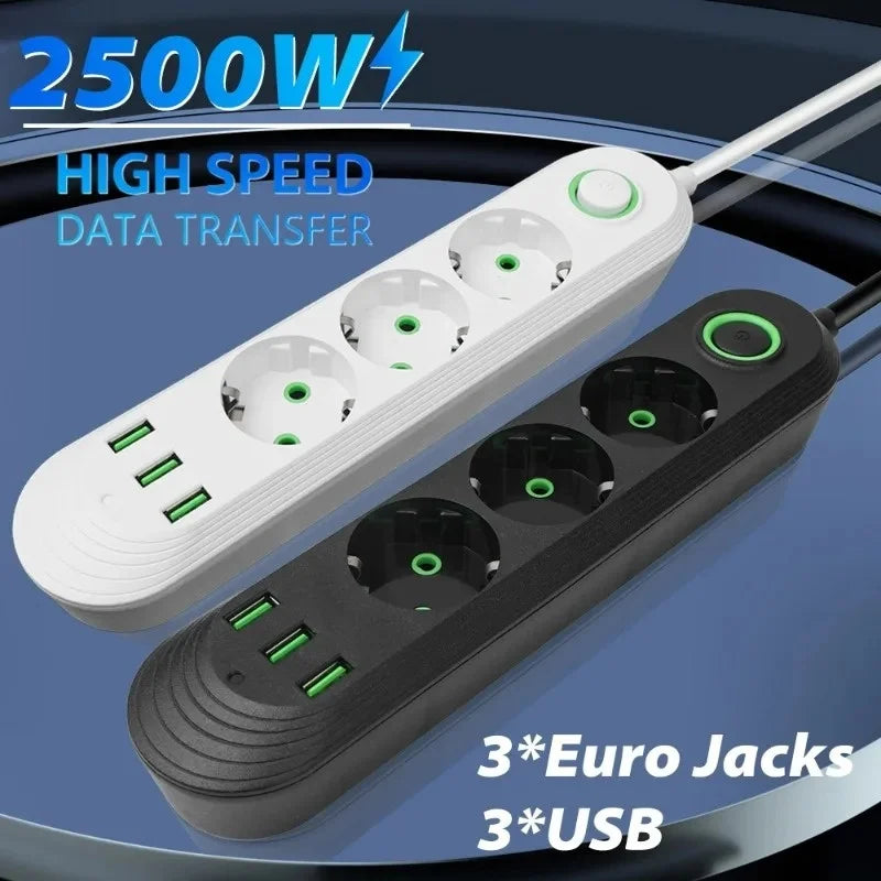 2500W EU Plug Power Strip, 5 Outlets & 3 USB Ports, Overload Protection with Master Switch