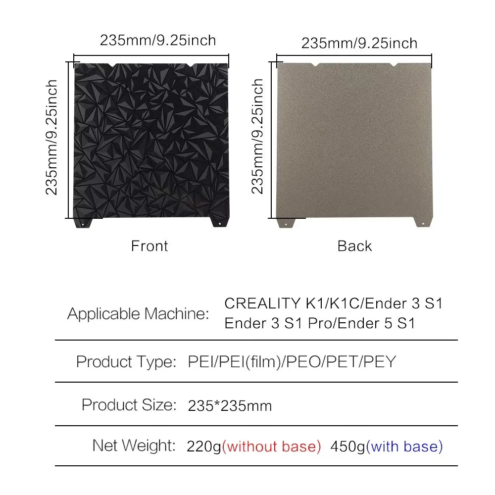 PEI Spring Steel Build Plate – Removable 3D Printer Build Surface for Heated Bed, Smooth PEI Sheet 235x235mm (9.25 x 9.25 in) & 310x310mm (12.20 x 12.20 in)