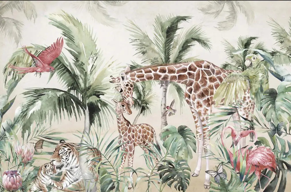 Custom Watercolor Jungle Animal Peel-and-Stick Wall Mural - Giraffe Elephant Zebra Nursery & Kids Wallpaper
