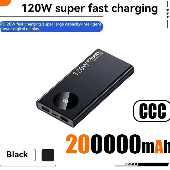 120W Fast Charging Power Bank – 50,000 / 100,000 / 200,000 mAh Portable Charger with Built-In Cable, USB-C & Dual USB, LED Display