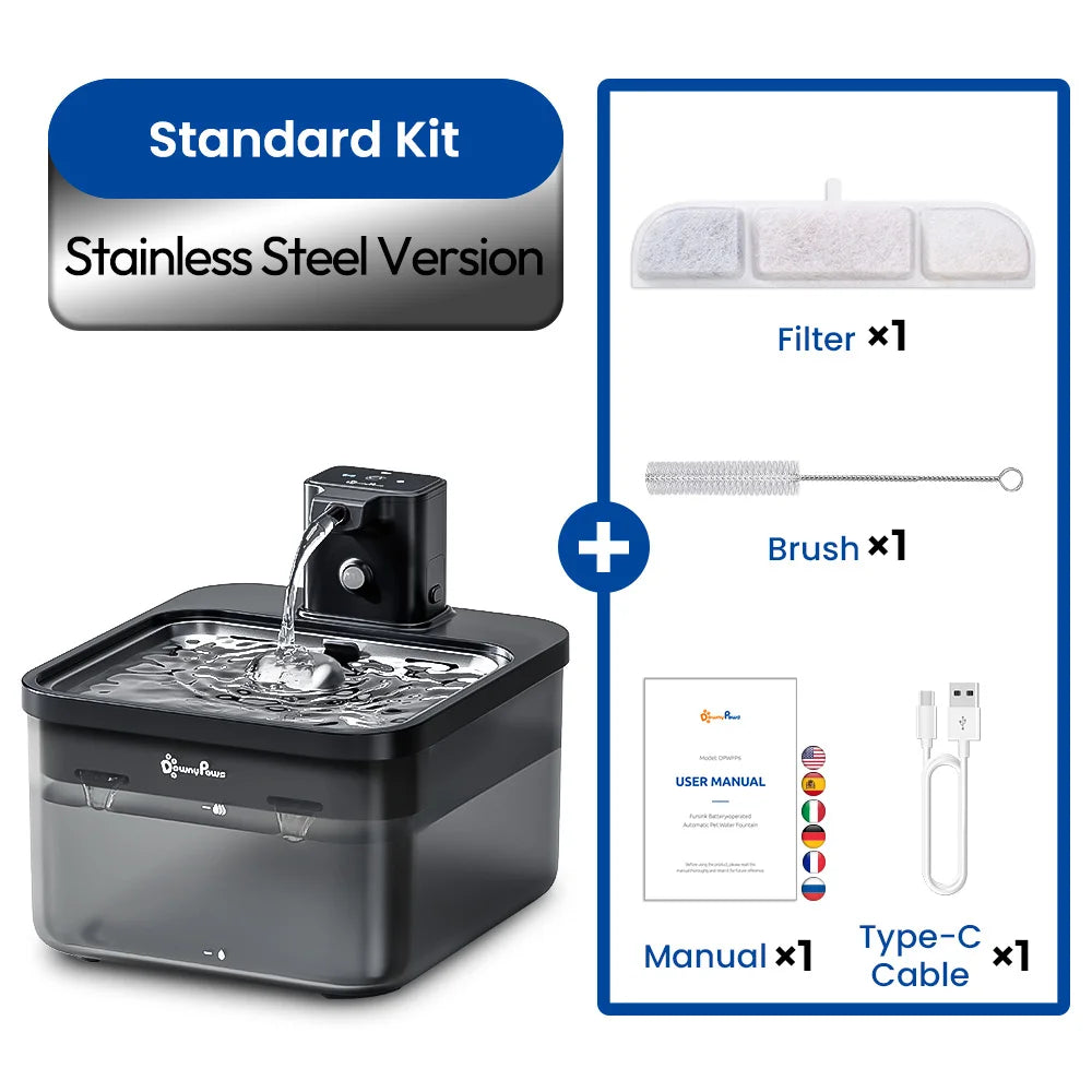 2.5L (84.5 fl oz) Automatic Stainless Steel Cat Water Fountain – Wireless 4000mAh Battery Sensor 2-in-1 Pet Dispenser