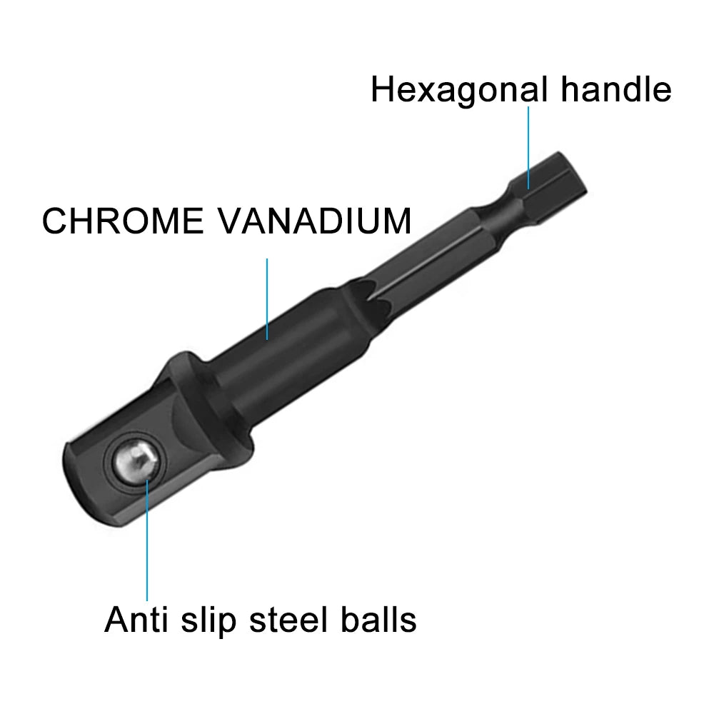 8-Piece Black Drive Adapter & Extension Rod Set for Screwdrivers — 1/4, 3/8, 1/2 in (6.35, 9.53, 12.7 mm), Assorted 25–73 mm