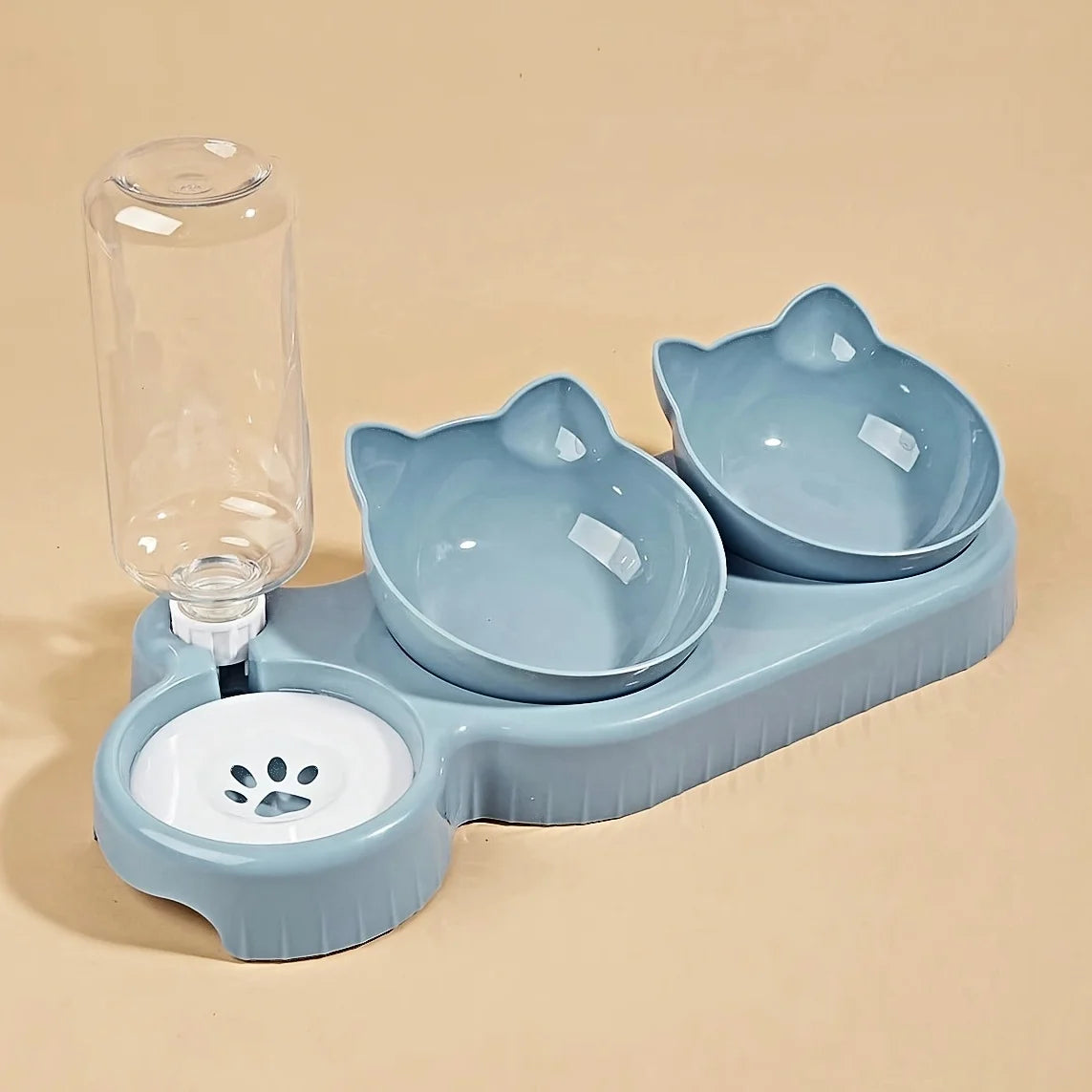 3-in-1 Tilted Cat Food & Water Bowl Set with Gravity Water Feeder — Ear Design for Neck Protection