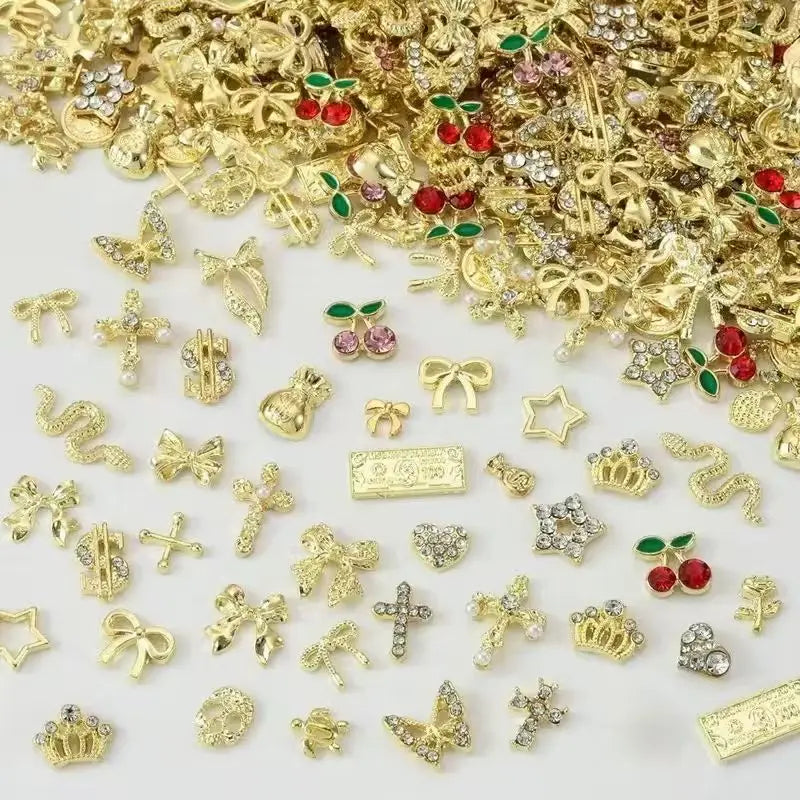 50-Pack Gold Alloy 3D Rhinestone Nail Charms