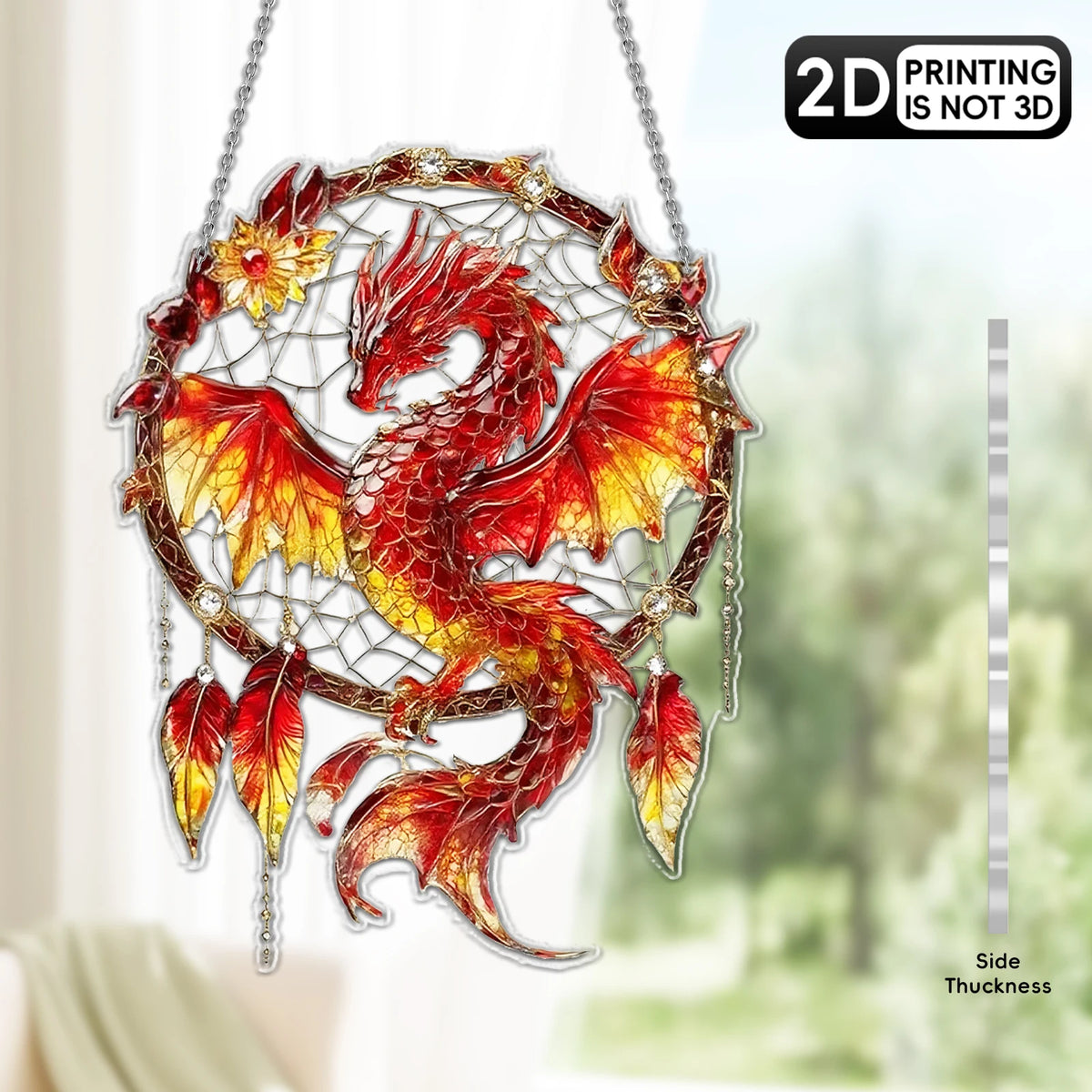 Fantasy Dragon Acrylic Sun Catcher – Green & Red 2D Hanging Window and Door Dreamcatcher Home Decor Gift