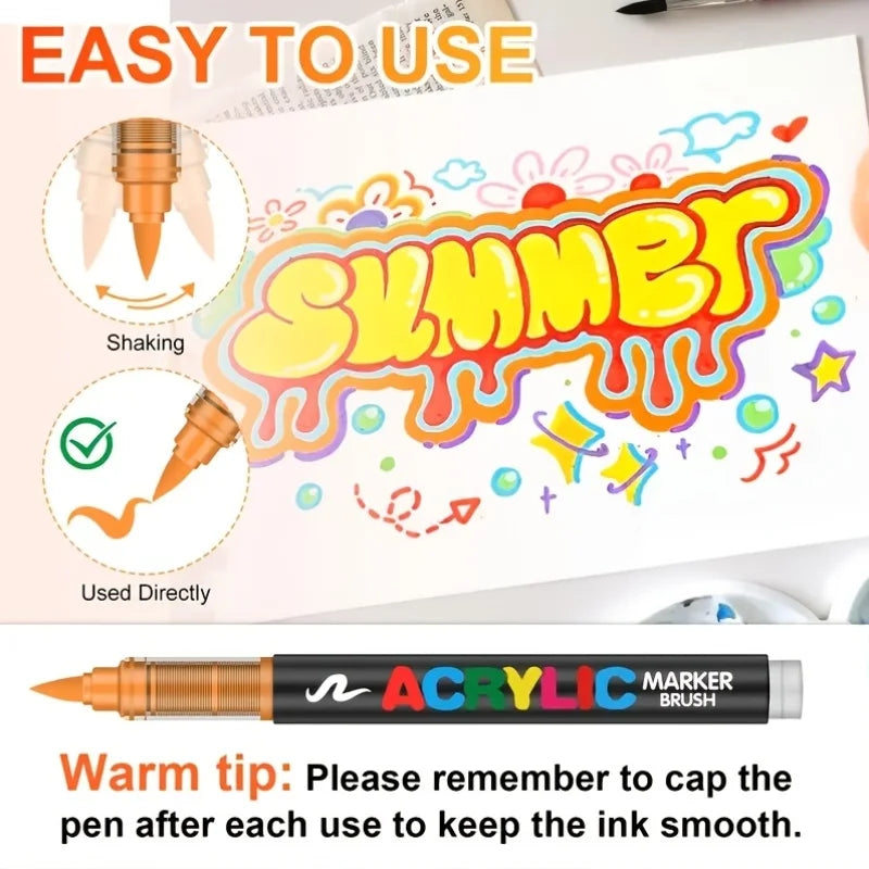 Acrylic Paint Pens Brush Tip - 12–120 Colors for Rock Painting, Wood, Canvas, Stone & DIY Crafts