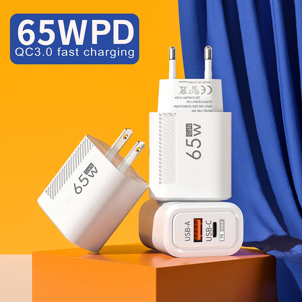 65W GaN 2-Port USB-C PD & QC3.0 Fast Charger - USB-A + USB-C Wall Adapter, EU/US Plug for Smartphones