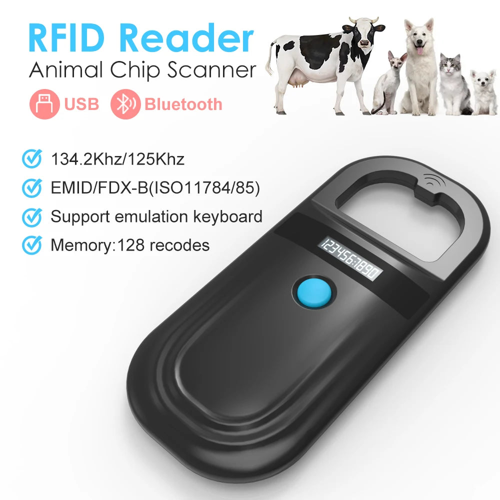 Portable Animal RFID Microchip Scanner 134.2 kHz & 125 kHz USB Bluetooth FDX-B EMID Pet Cat Dog Tag Reader