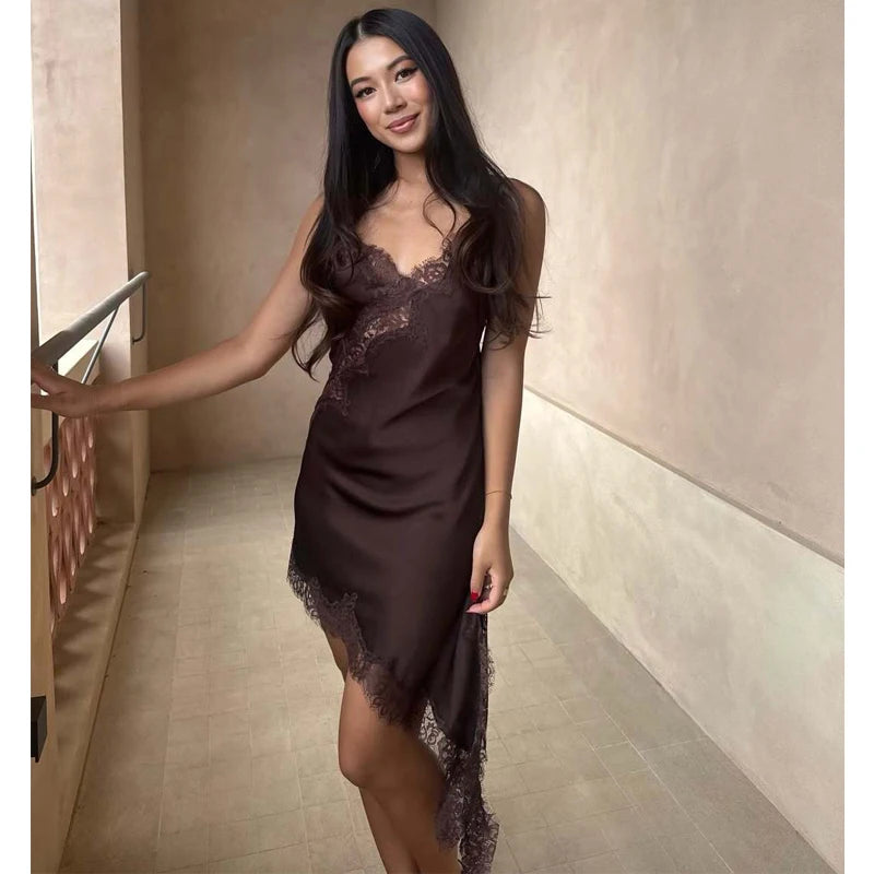 Lace Satin Slip Mini Dress Backless Asymmetric Summer Party & Beach Dress for Women