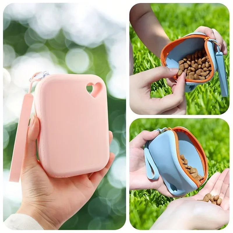 Portable Food-Grade Silicone Dog Treat Pouch — 1.5 Cup (360 ml) Leakproof Hands-Free Training Bag with Belt Clip & Carabiner