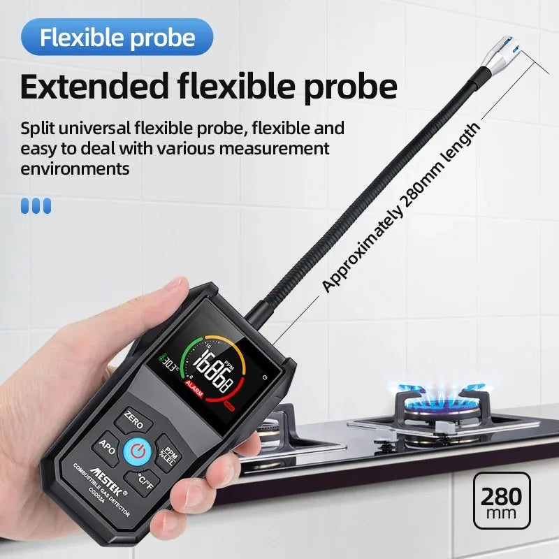 Combustible Gas Leak Detector 0-100% LEL / 0-50,000 ppm — LCD Screen, Sound & Light Alarm, 10.6in (270mm) Flexible Probe, Portable