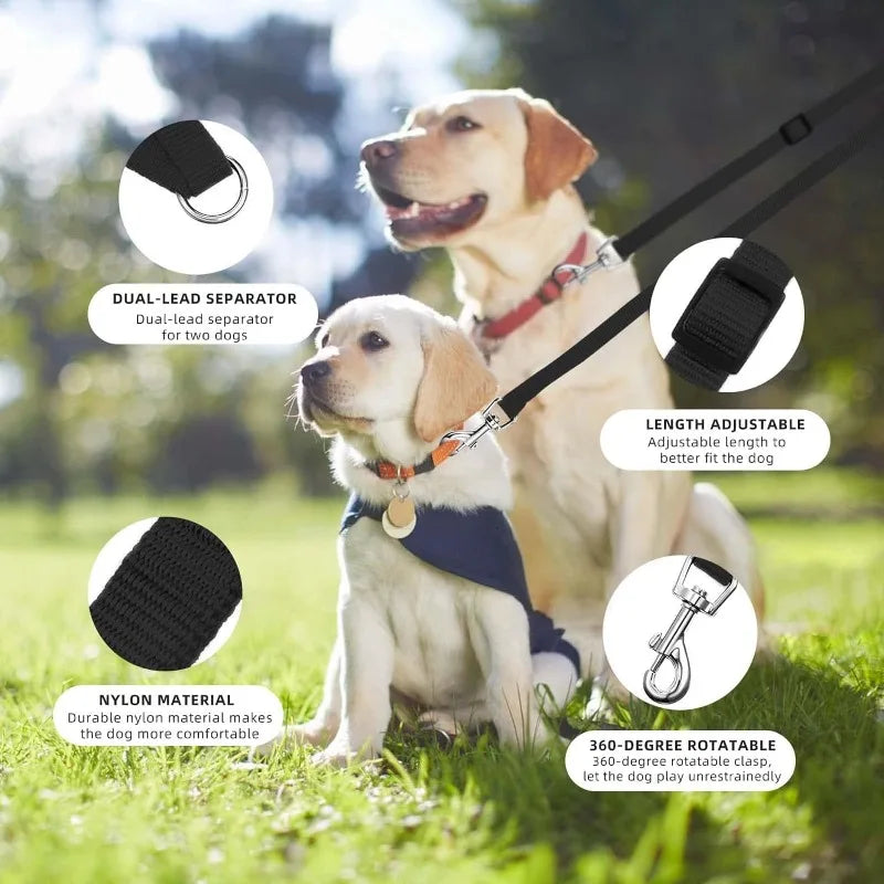 Adjustable Double Dog Leash — No-Tangle 2-Dog Distributor Lead, 30–50 cm (12–20 in) Nylon Walking Leash, Black