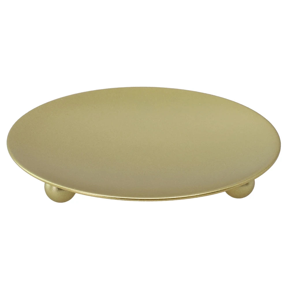 Round Iron Candle Plate Holder — Rust-Resistant Metal Pedestal for Pillar, Ball & Votive Candles, Gold or Black, Small 2.8×2.8×0.6 in (7×7×1.5 cm) & Large 4.3×4.3×0.7 in (11×11×1.7 cm)