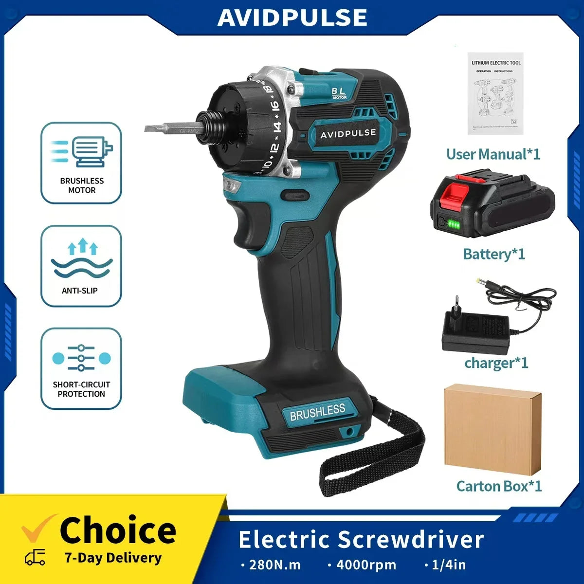 20+1 Gear 1/4-inch (6.35mm) Brushless Cordless Electric Screwdriver, 280 N·m Torque — 18V Battery Compatible