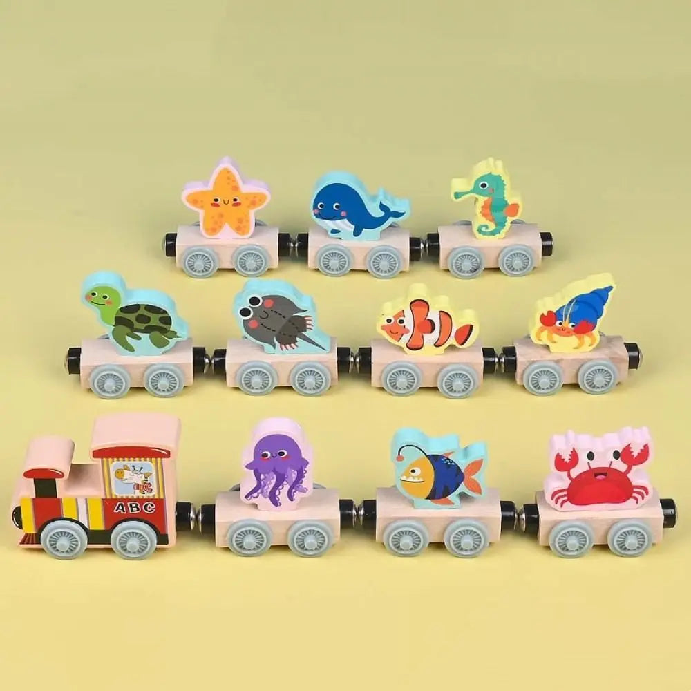 Wooden Magnetic Train Toy Set – Animal & Fruit Educational Building Blocks for Ages 3+