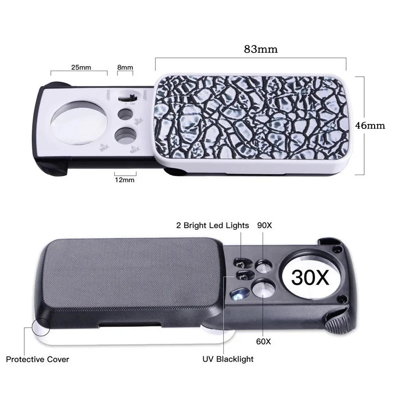 Slide-Out Jewelry Loupe Magnifier 30X 60X 90X LED with UV Light for Diamonds Coins Stamps
