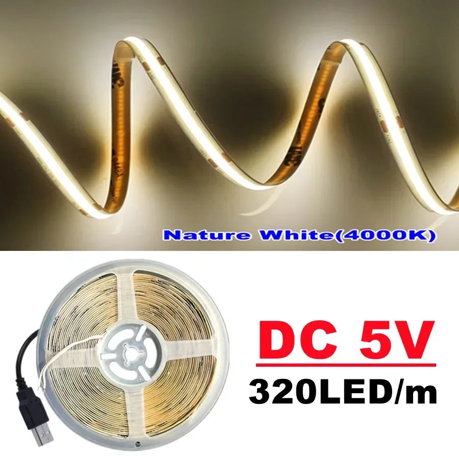 USB 5V COB LED Strip Light — 320 LEDs/m High-Density Flexible Tape, 0.5–5m (1.6–16.4ft), 3000K/4500K/6500K, CRI>90
