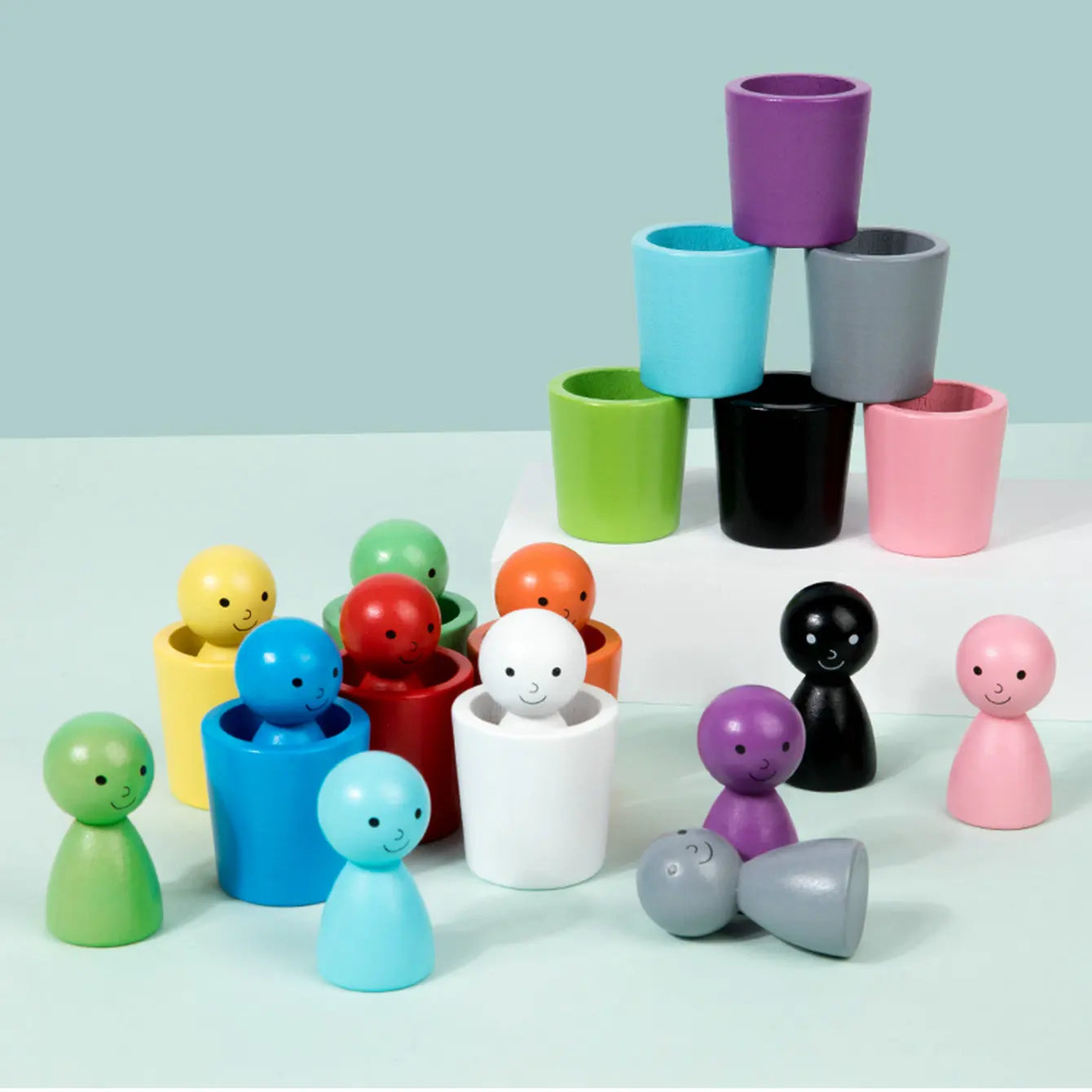 Montessori Wooden Color Matching Toy - 12-Color Cups Sorting and Stacking Game for Kids Ages 3+
