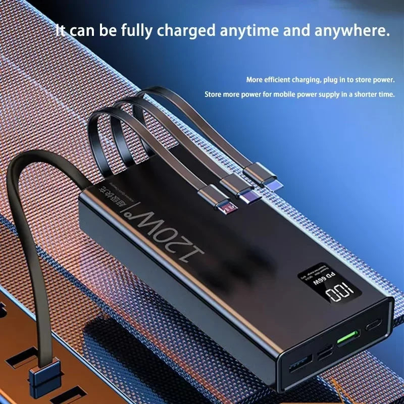 120W 50,000mAh Power Bank with Built-In 4-in-1 Cables — Fast Portable Charger with LED Display