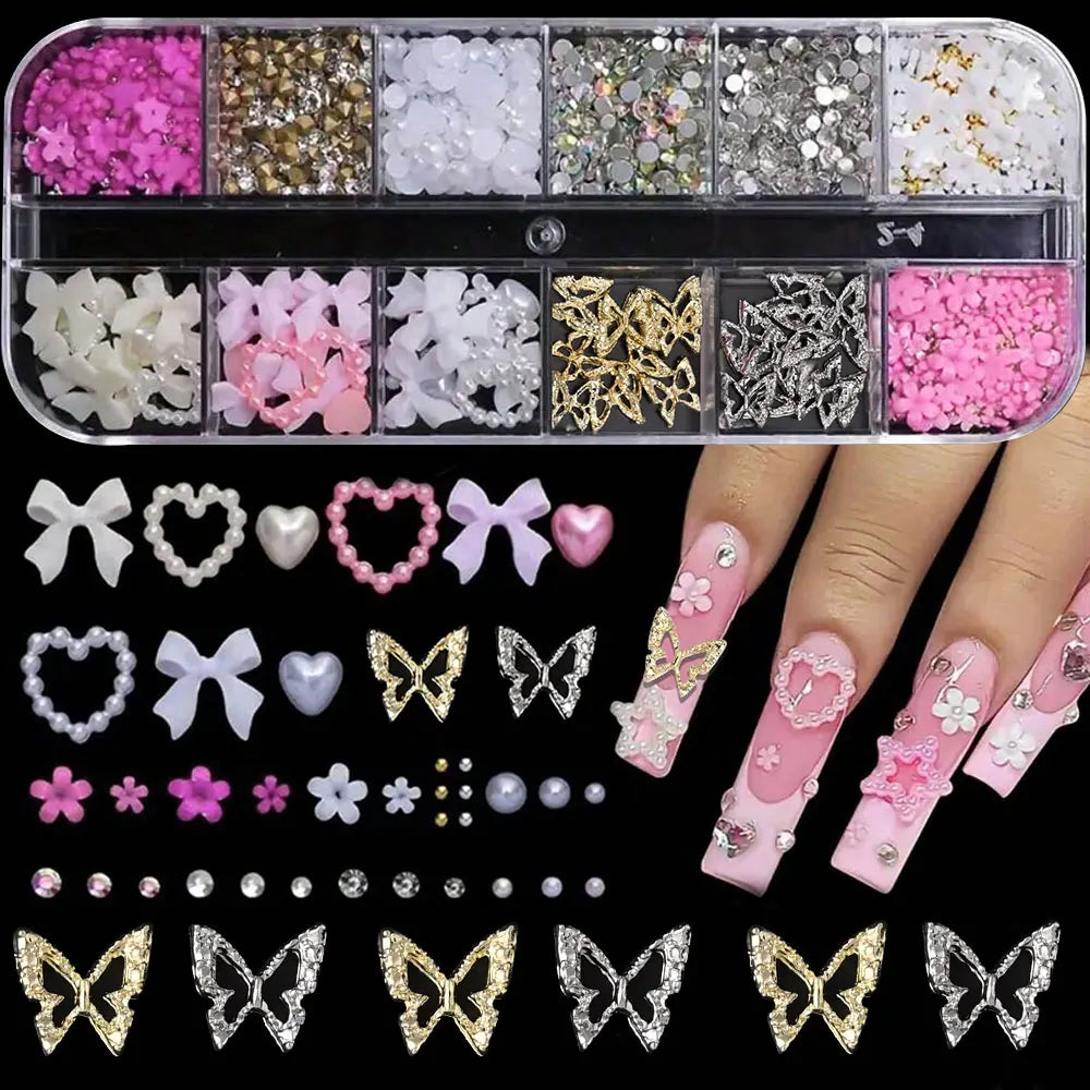 12-Grid Pink & White Nail Art Charms Set – Bows, Pearls, Rhinestones & Butterflies for DIY Manicure