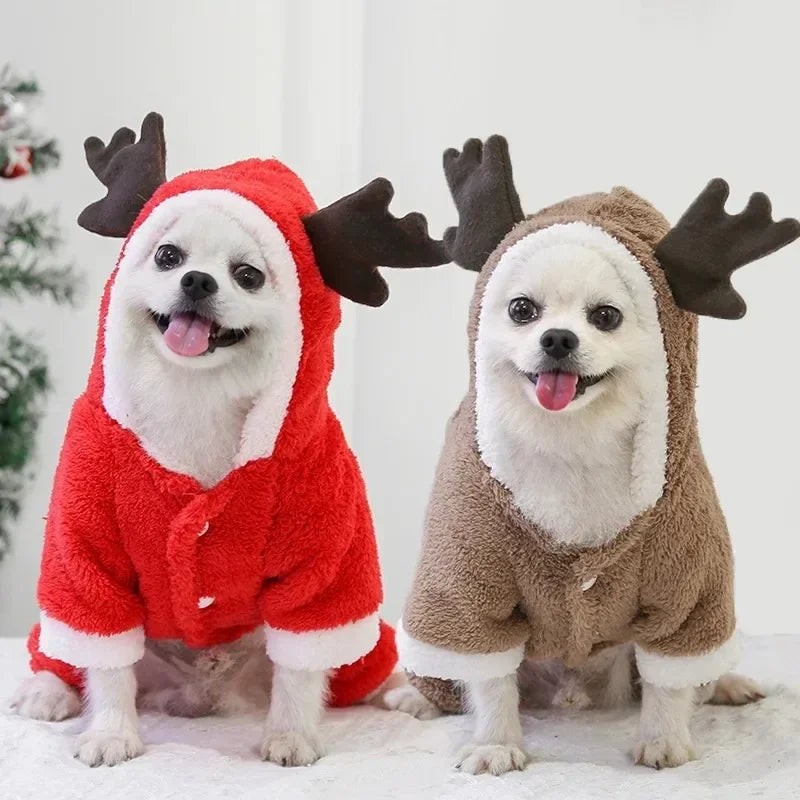 Christmas Dog Hoodie Reindeer & Santa Fleece Coat Winter Warm Pet Jacket for Small to Medium Dogs XS-2XL