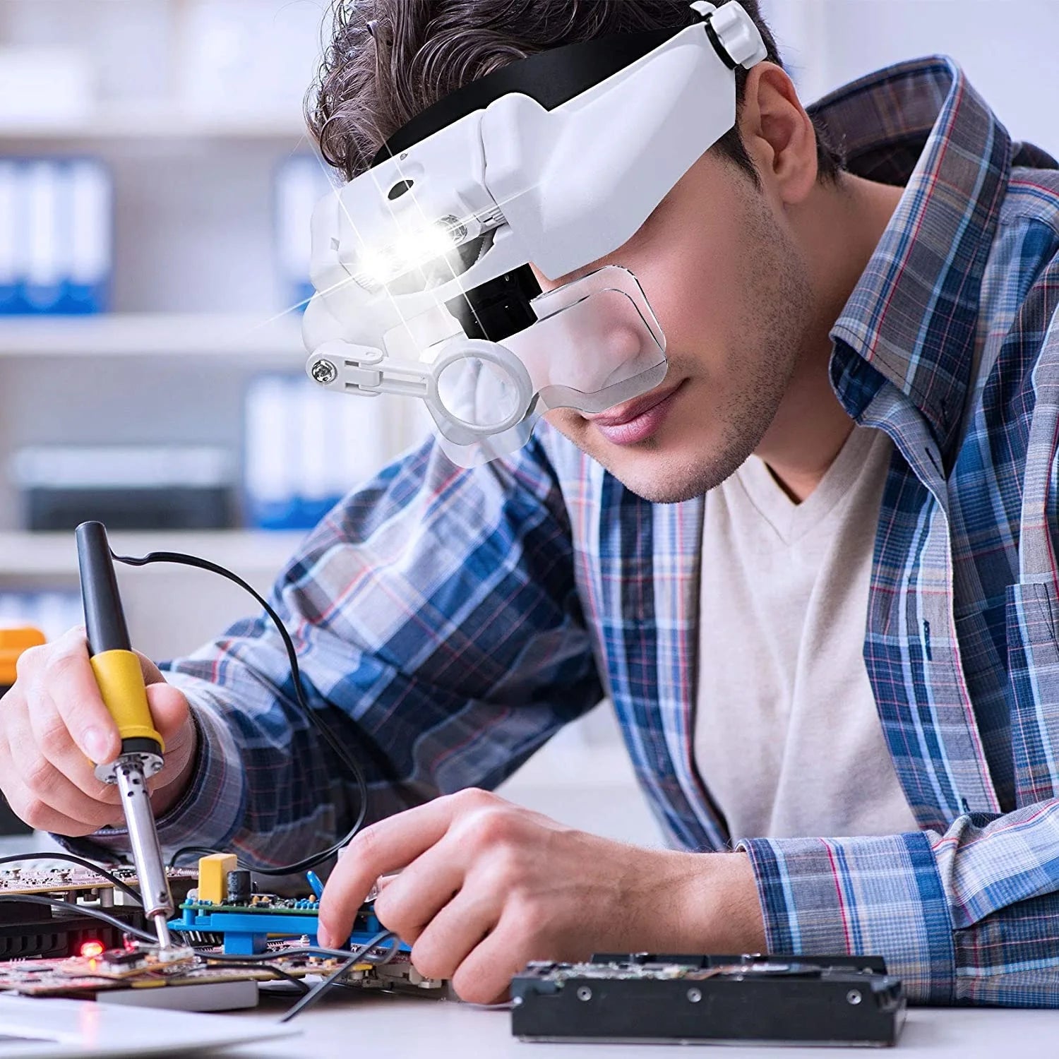 Rechargeable LED Headband Magnifier with Interchangeable Lenses – Adjustable Hands-Free Loupe for Soldering, Jewelry & Crafting