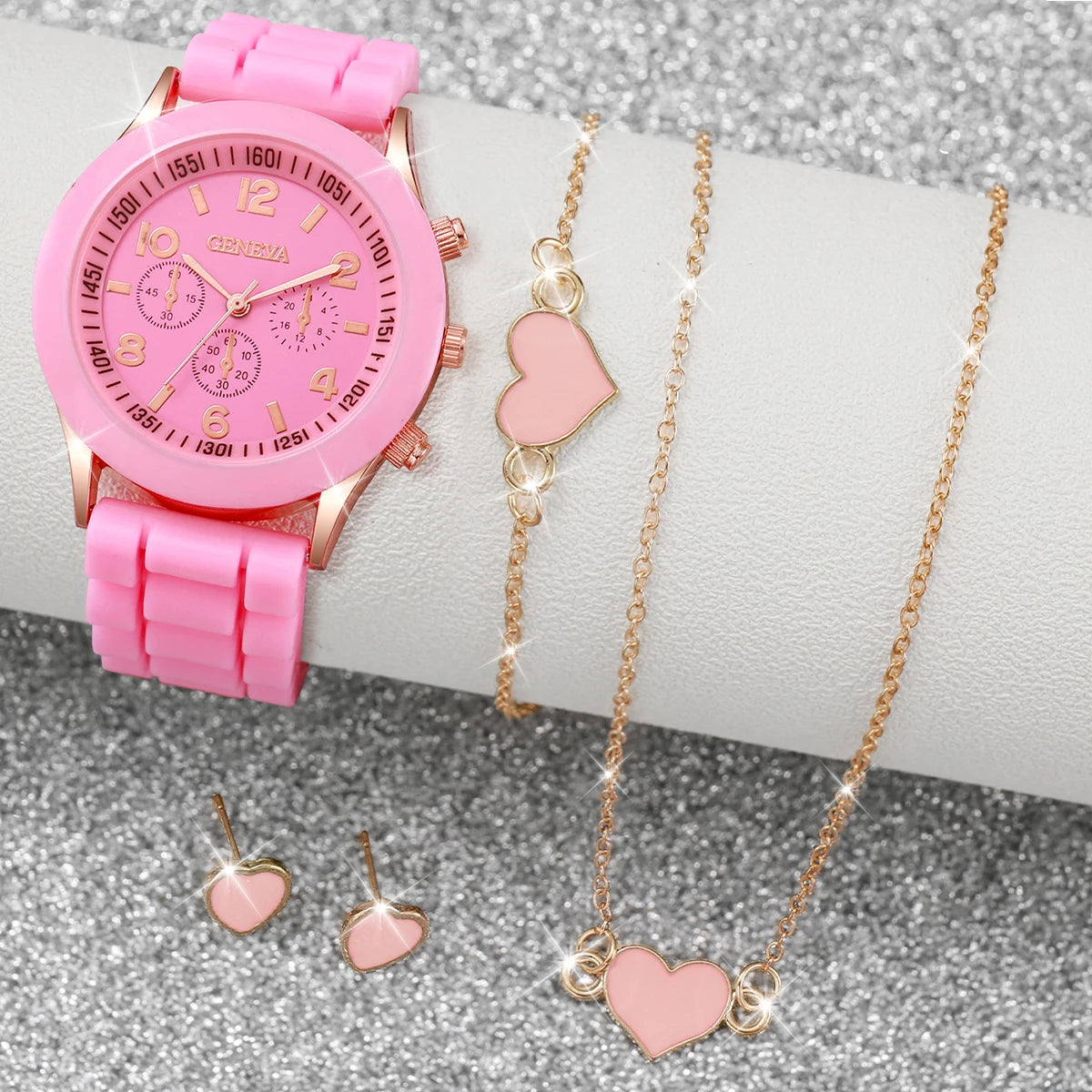 5/6-Piece Women's Quartz Watch & Jewelry Gift Set - Silicone Band, 38mm (1.50 in)