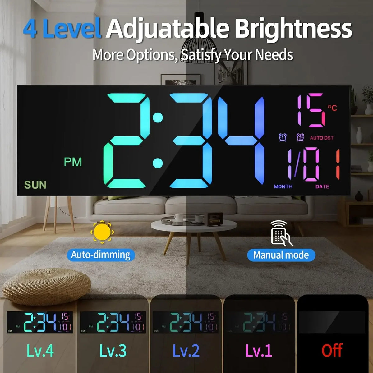 16.2 in (41 cm) Large LED Digital Wall Clock with Remote, Dual Alarm, RGB Night Light, Jumbo 4.5 in Digits