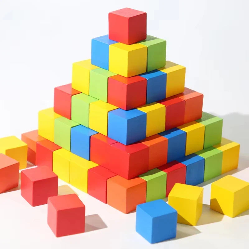 Colorful Beech Wood Stacking Cubes - 25/50-Piece Rainbow Math & Logic Building Blocks for Kids Ages 3+