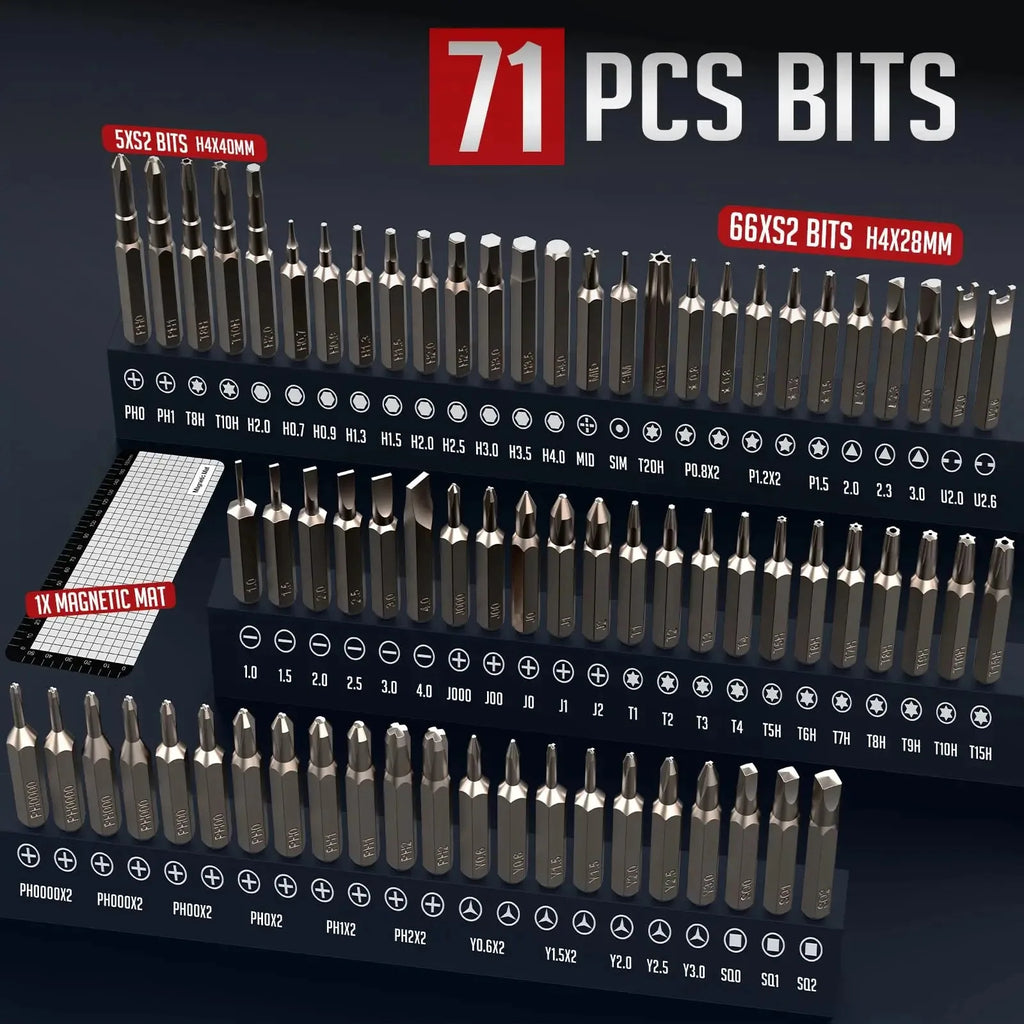 75-in-1 Precision Cordless Electric Screwdriver Kit — 71 Magnetic Bits, LED Light, USB-C Charging, Magnetic Mat