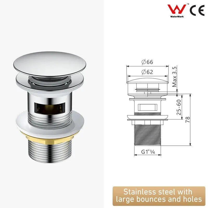 Spring-Loaded Push-Down Pop-Up Bathroom Sink Drain - Stainless Steel Chrome Mushroom-Head Stopper